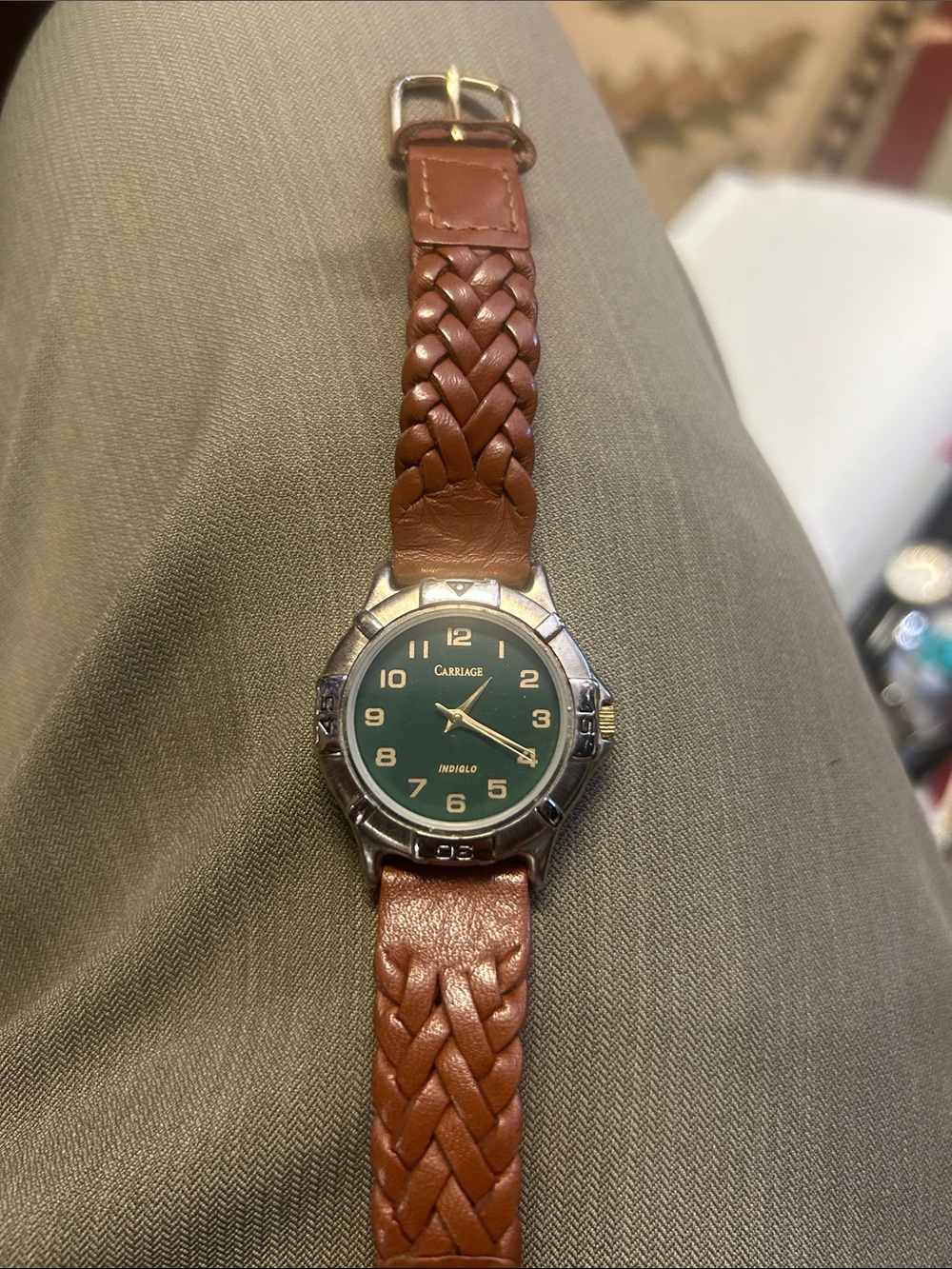 Carriage Women's Brown Braided Leather Watch with Green Dial